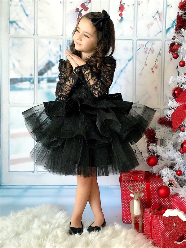 Kız Çocuk Abiye Elbise Güpürlü Siyah-Kız Çocuk Elbise-Bebegimindolabinda.com