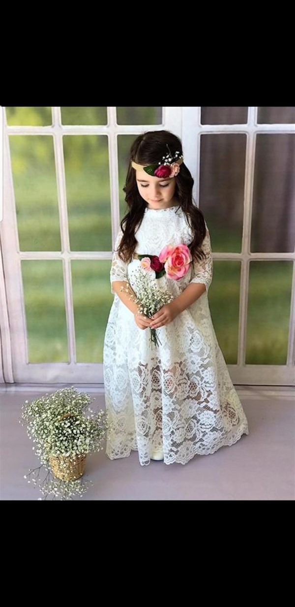 Kız Çocuk Güpürlü Çiçekli Beyaz Elbise-Kız Çocuk Elbise-Bebegimindolabinda.com