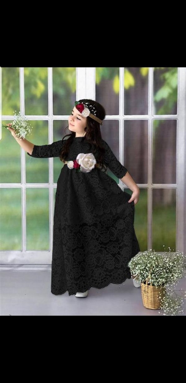 Kız Çocuk Güpürlü Çiçekli Siyah Elbise-Kız Çocuk Elbise-Bebegimindolabinda.com