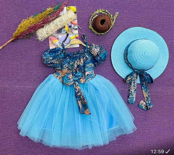 Kız Çocuk Mavi Tütü Elbise ve Şapkalı İkili Takım-Kız Çocuk Elbise-Bebegimindolabinda.com