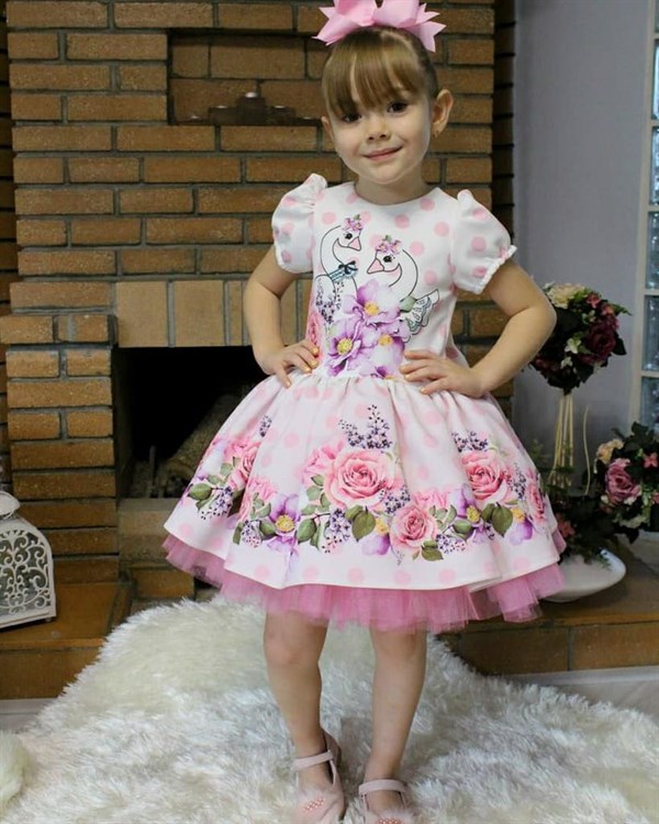 Kız Çocuk Pembe Kuğu Desenli Kabarık Elbise-Kız Çocuk Elbise-Bebegimindolabinda.com