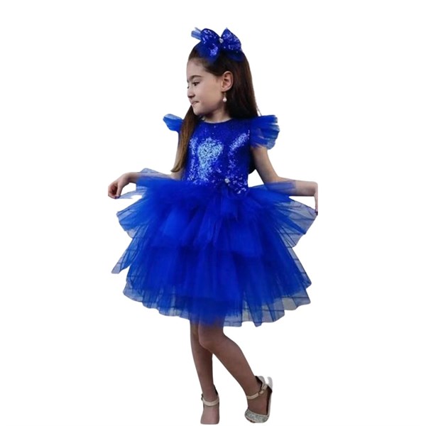 Kız Çocuk Saks Mavi Pulpayetli Abiye Elbise-Kız Çocuk Elbise-Bebegimindolabinda.com