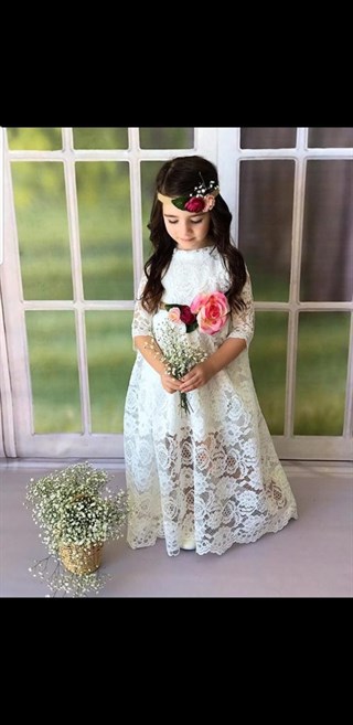 Kız Çocuk Güpürlü Çiçekli Beyaz Elbise-Kız Çocuk Elbise-Bebegimindolabinda.com