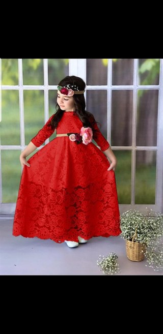 Kız Çocuk Güpürlü Çiçekli Kırmızı Elbise-Kız Çocuk Elbise-Bebegimindolabinda.com