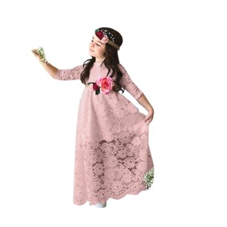 Kız Çocuk Güpürlü Çiçekli Pudra Elbise-Kız Çocuk Elbise-Bebegimindolabinda.com