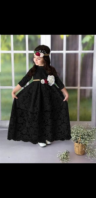 Kız Çocuk Güpürlü Çiçekli Siyah Elbise-Kız Çocuk Elbise-Bebegimindolabinda.com