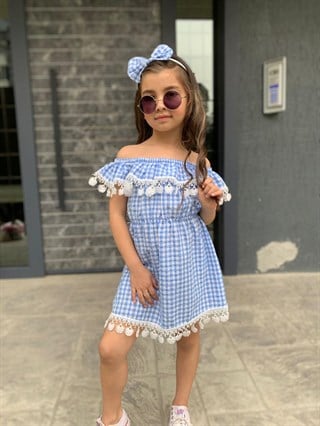 Kız Çocuk Güpürlü Mavi Ekose Elbise-Kız Çocuk Elbise-Bebegimindolabinda.com
