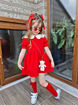 Kız Çocuk Kırmızı Ayıcıklı Elbise-Kız Çocuk Elbise-Bebegimindolabinda.com