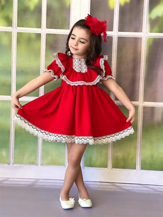 Kız Çocuk Kırmızı Güpürlü Elbise-Kız Çocuk Elbise-Bebegimindolabinda.com