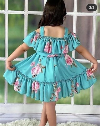 Kız Çocuk Mavi Çiçekli Elbise-Kız Çocuk Elbise-Bebegimindolabinda.com