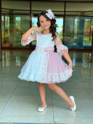 Kız Çocuk Pembe Beyaz Güpürlü Abiye Elbise-Kız Çocuk Elbise-Bebegimindolabinda.com