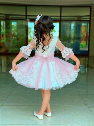Kız Çocuk Pembe Beyaz Güpürlü Abiye Elbise-Kız Çocuk Elbise-Bebegimindolabinda.com