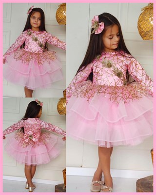 Kız Çocuk Pembe Simli Abiye Elbise-Kız Çocuk Elbise-Bebegimindolabinda.com