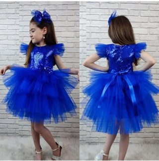 Kız Çocuk Saks Mavi Pulpayetli Abiye Elbise-Kız Çocuk Elbise-Bebegimindolabinda.com